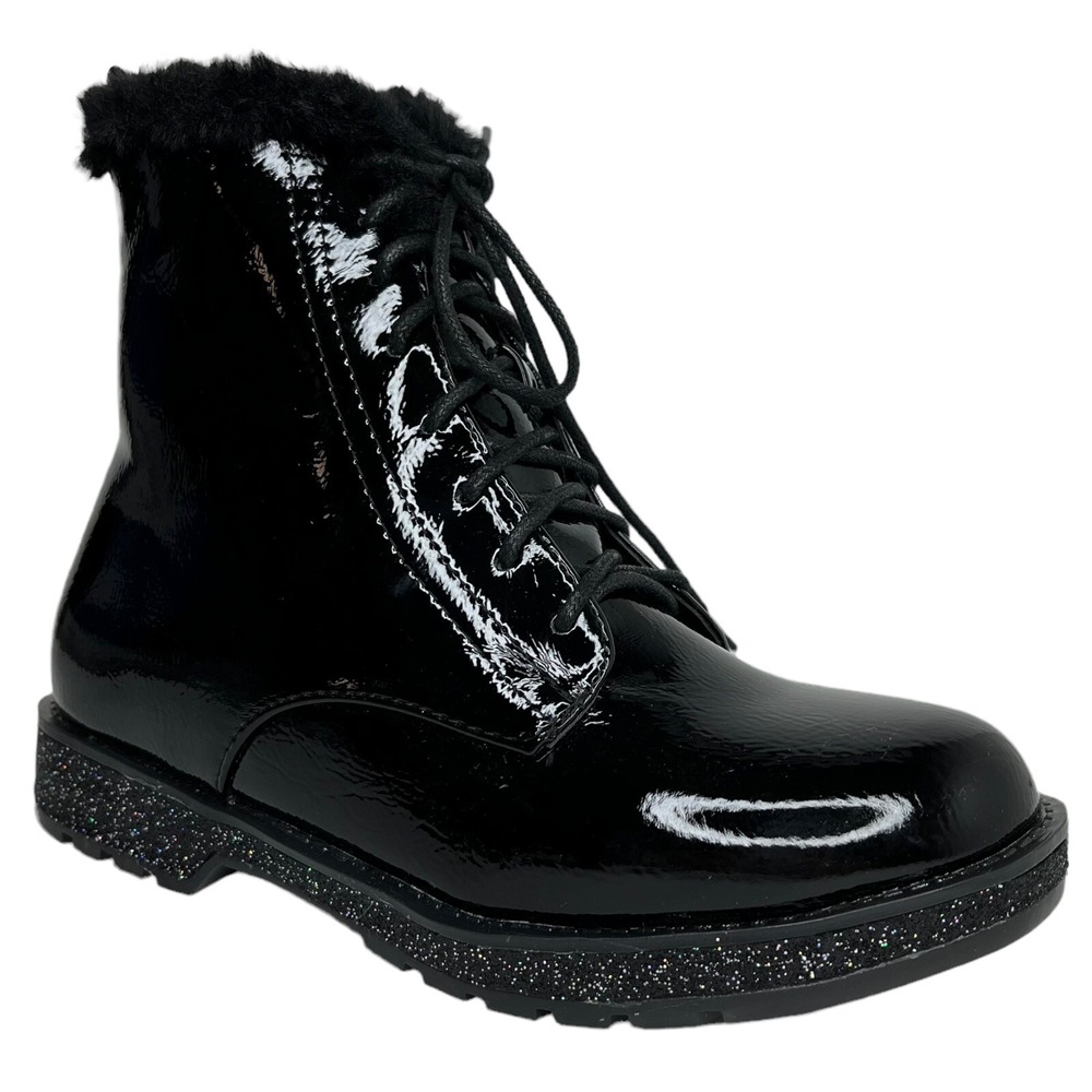 Mia Youth Girls Fashion Boot Size 1Y Black Glitter Accent Faux Fur Trim Lace up